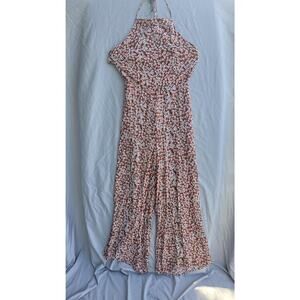 LA CHARME U Jumpsuit Womens Medium Orange Floral Halter Wide Leg Lined Rayon